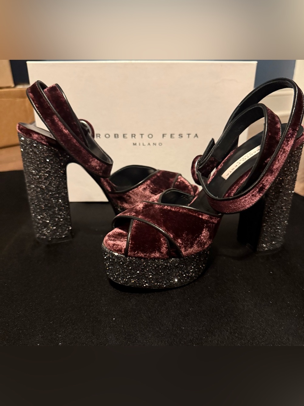 Roberto Festa Milano Burgundy Velvet Glitter Block Heel Platform Sandals 8 38